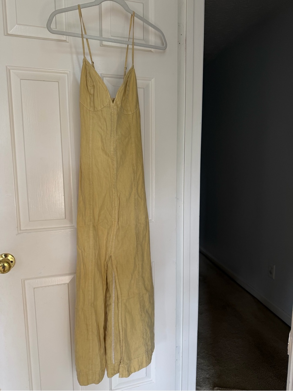 Free People Mustard Yellow Linen-Blend Spaghetti Strap Jumpsuit